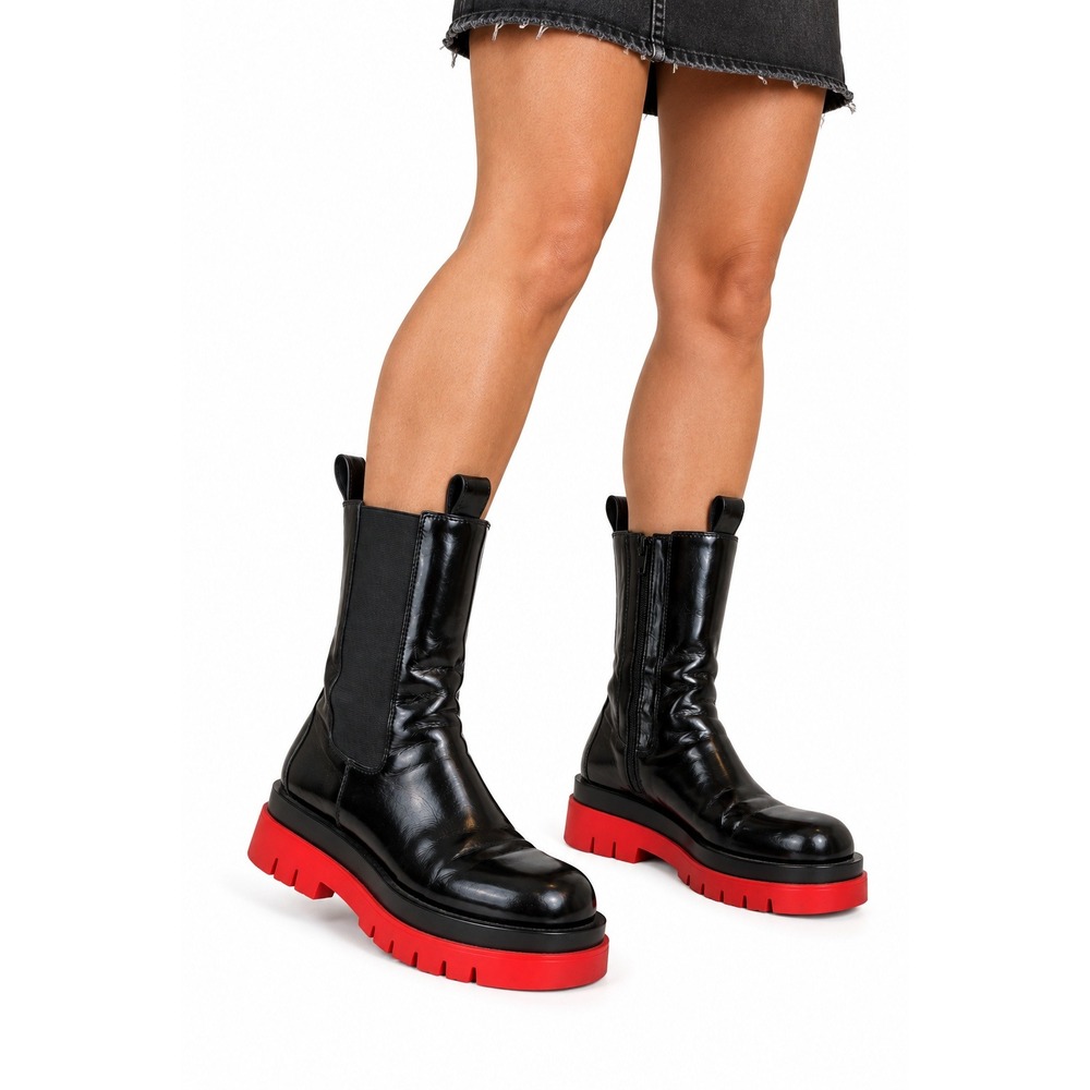 Jeffrey Campbell Black Patent Chelsea Boots Red Lug Sole Platform Women's 8